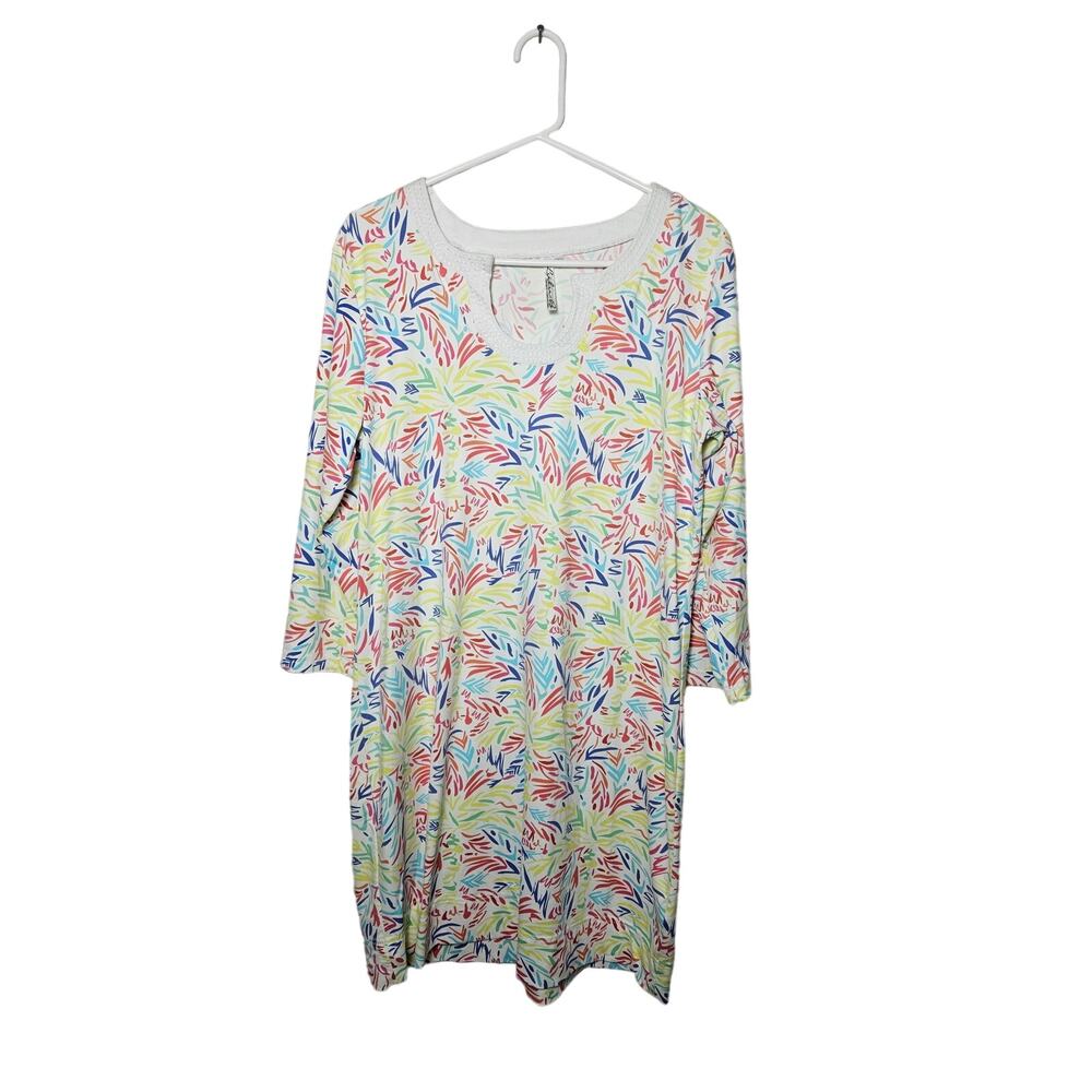 Lulu B Women's Sketched Palms Shift Dress Short Sleeve Bright Colors‎ Large